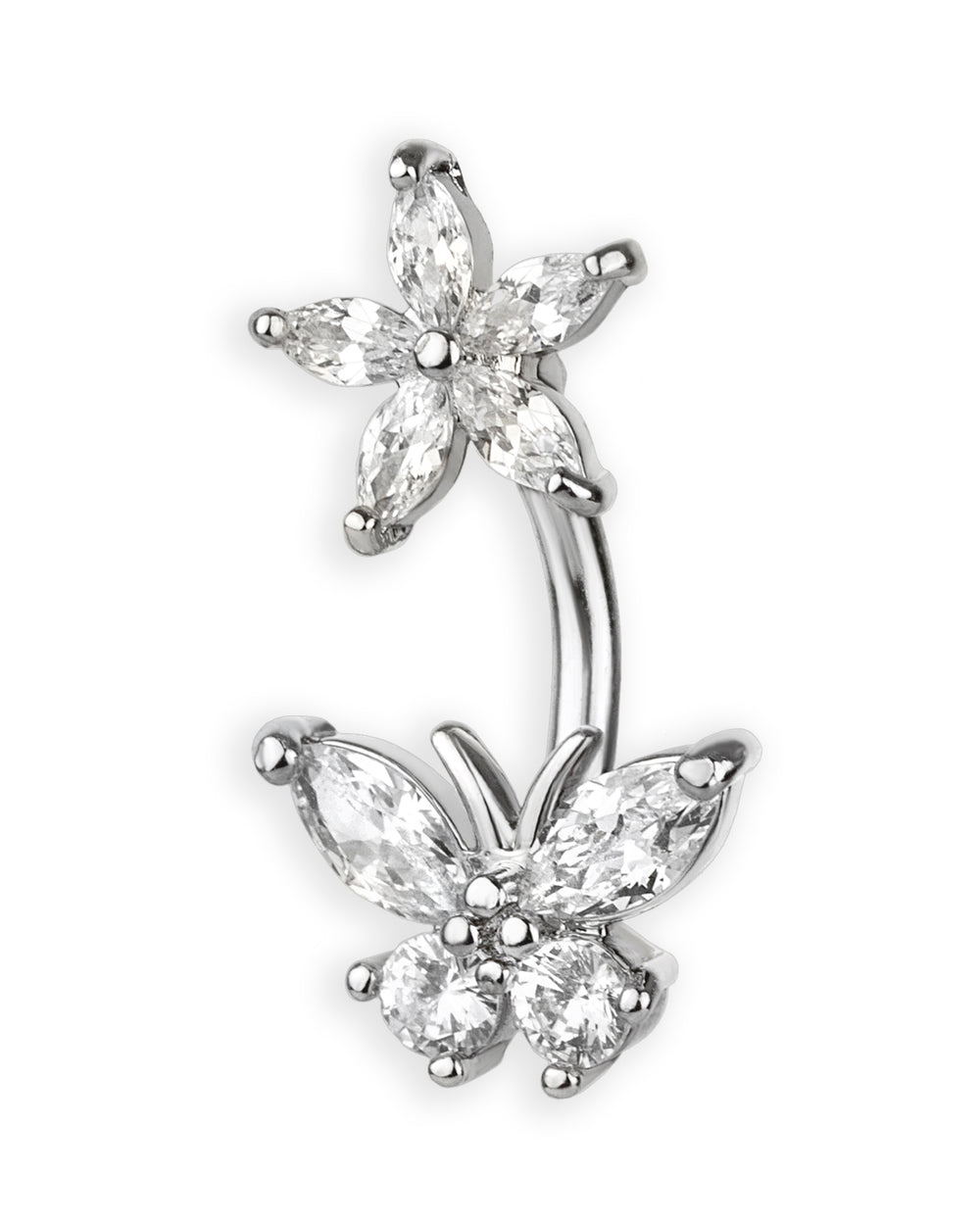 Piercing de ombligo doble joya con mariposa y florecita de circonitas