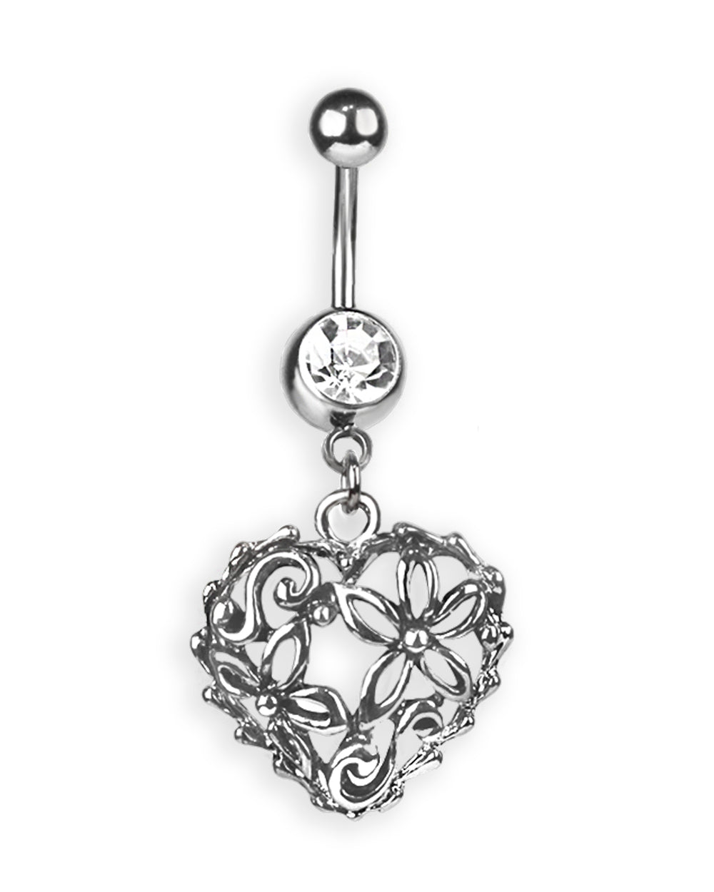 Piercing de ombligo con corazón de flores estilo antiguo