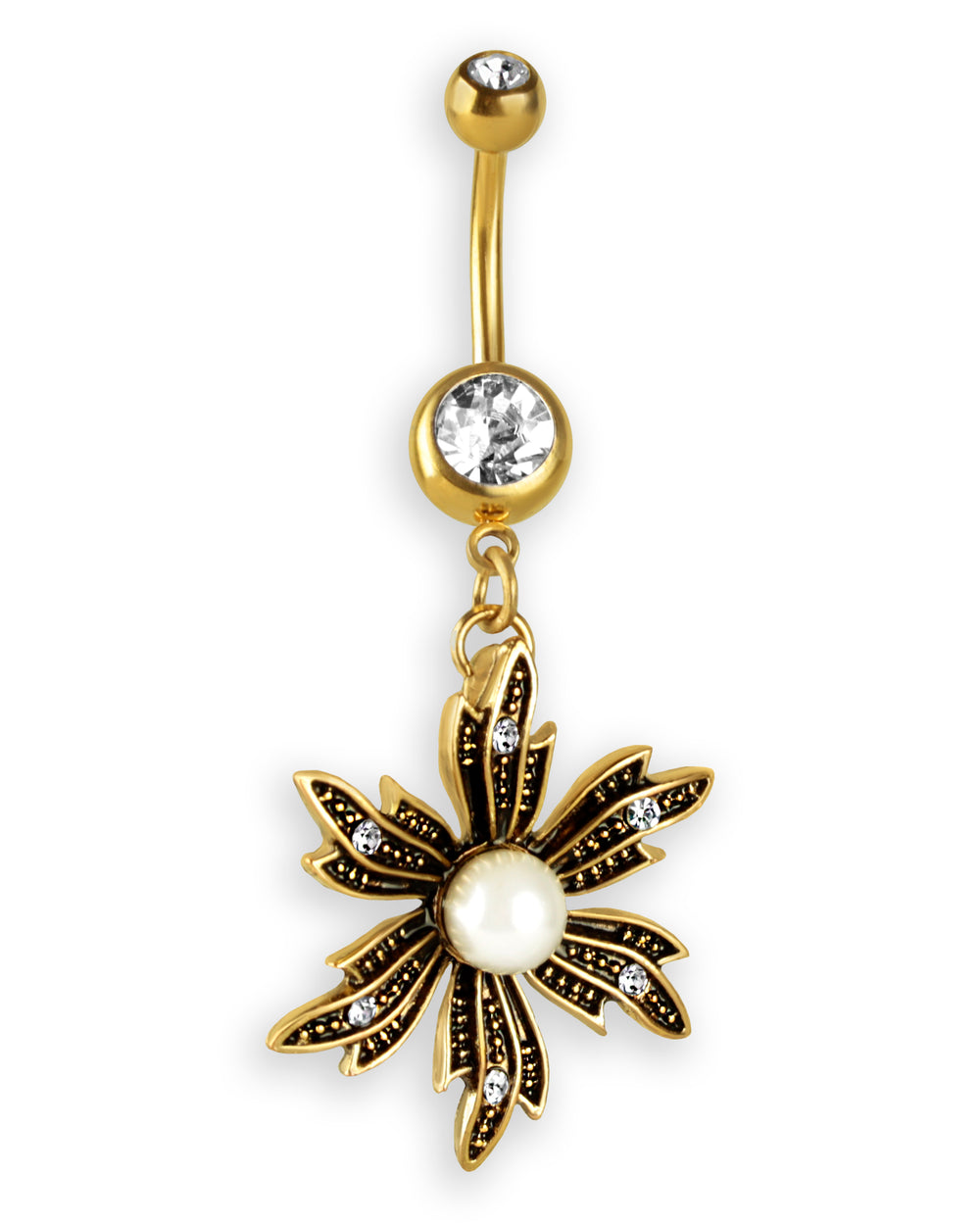 Piercing de ombligo chapado en oro con flor vintage, perla y circonitas