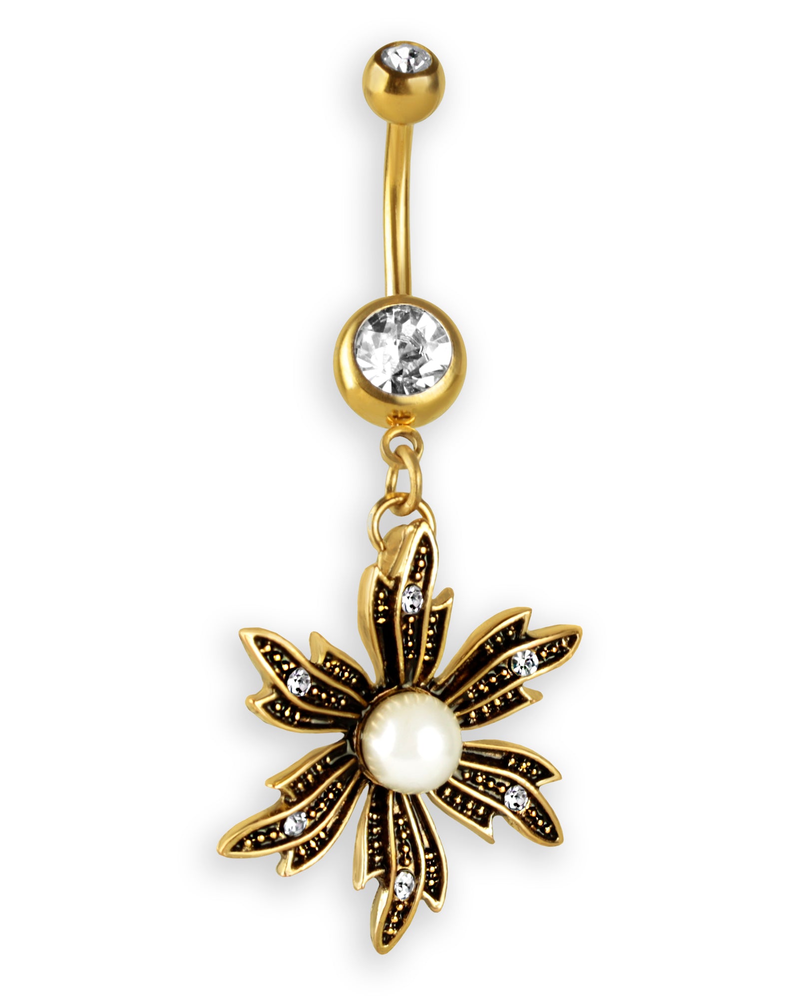 Piercing de ombligo chapado en oro con flor vintage, perla y circonitas