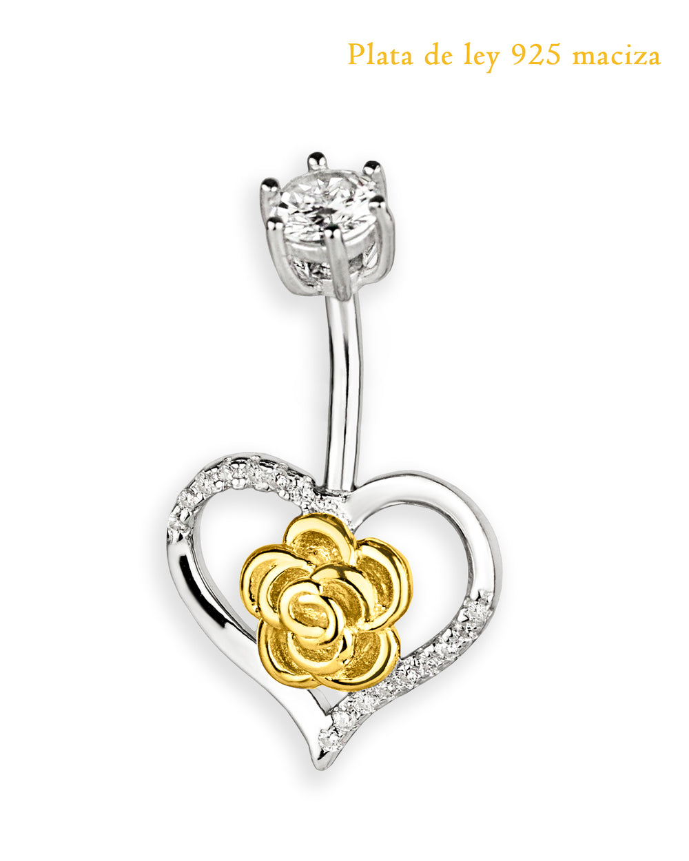 Piercing de ombligo de plata de ley 925 con corazón y rosa dorada