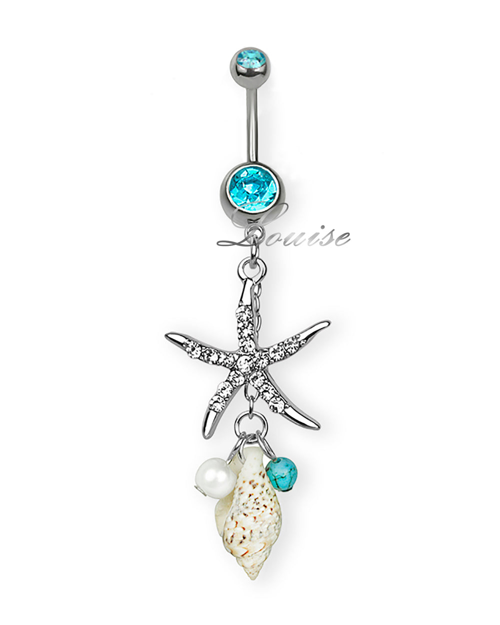 Piercing de ombligo con estrella de mar, concha y perla