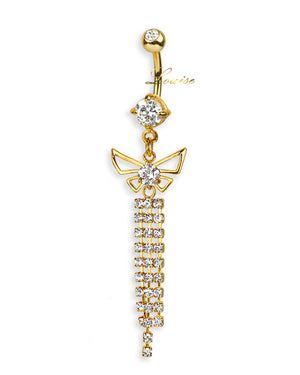 Piercing de ombligo doble joya chapado en oro 18k con mariposa calada, circonitas transparentes y cadenitas de strass
