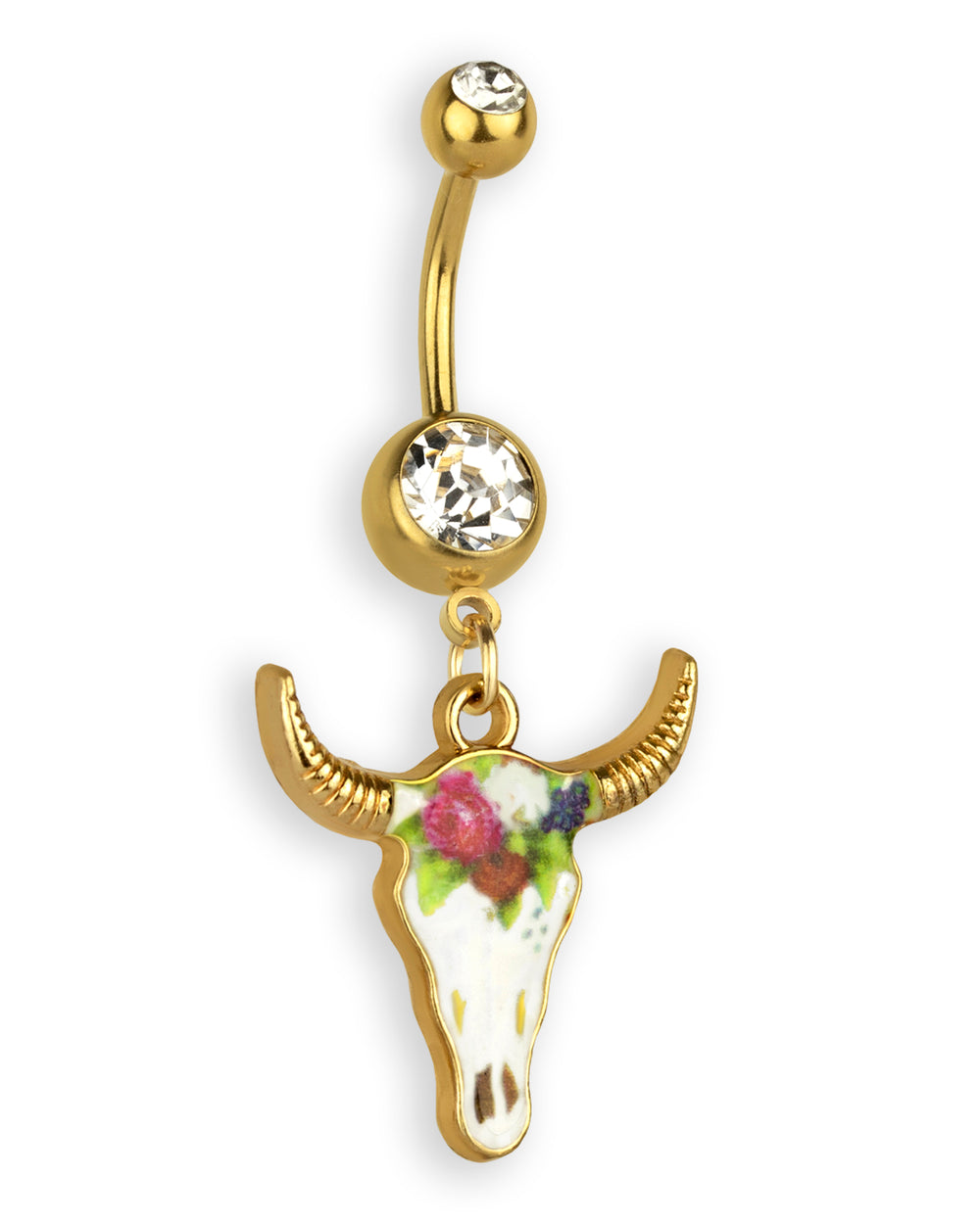 Piercing de ombligo chapado en oro con cráneo de búfalo esmaltado y flores