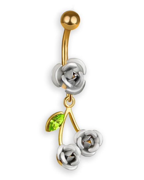 Piercing de ombligo chapado en oro 24 kt con rosas plateadas y plata de ley 925