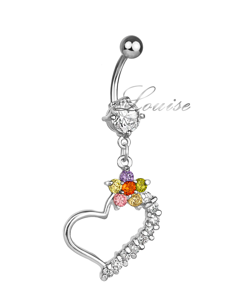 Piercing de Ombligo con Corazón de Zirconias y Flor Pastel