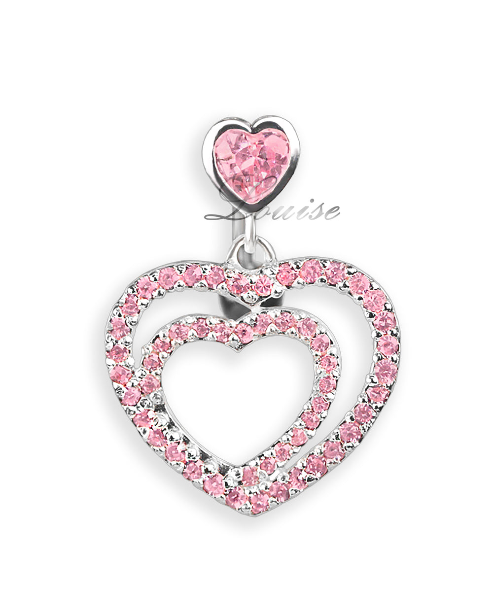 Piercing de ombligo invertido con 3 corazones de plata y zirconias rosas