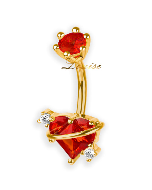 Piercing de Ombligo Chapado en Oro con Corazón Rojo y Zirconias