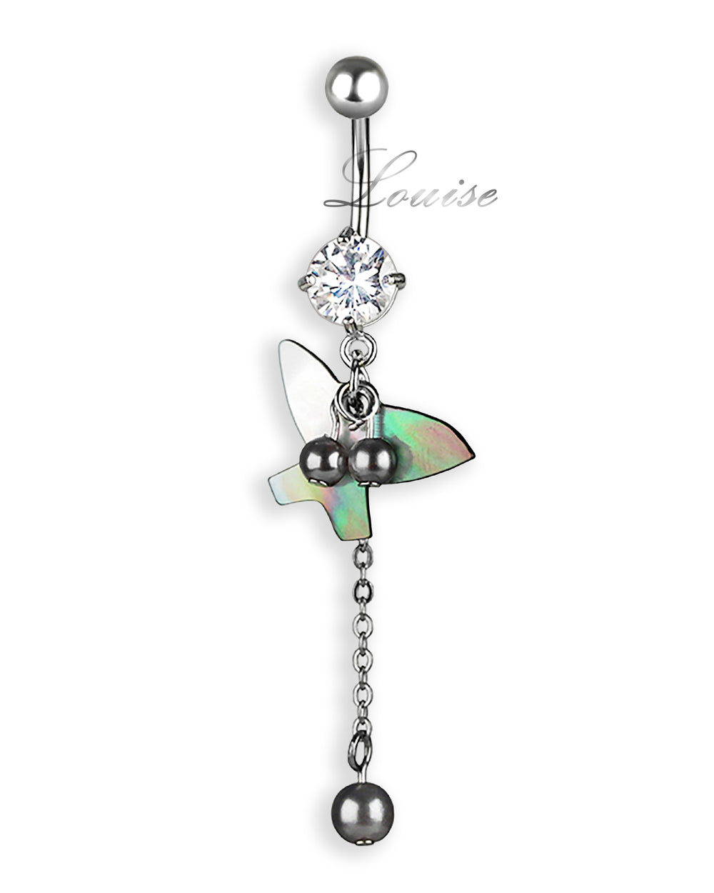 Piercing de ombligo con mariposa de nácar y perlas grises