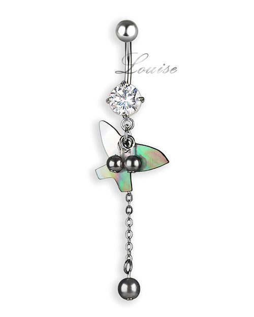 Piercing de ombligo con mariposa de nácar y perlas grises