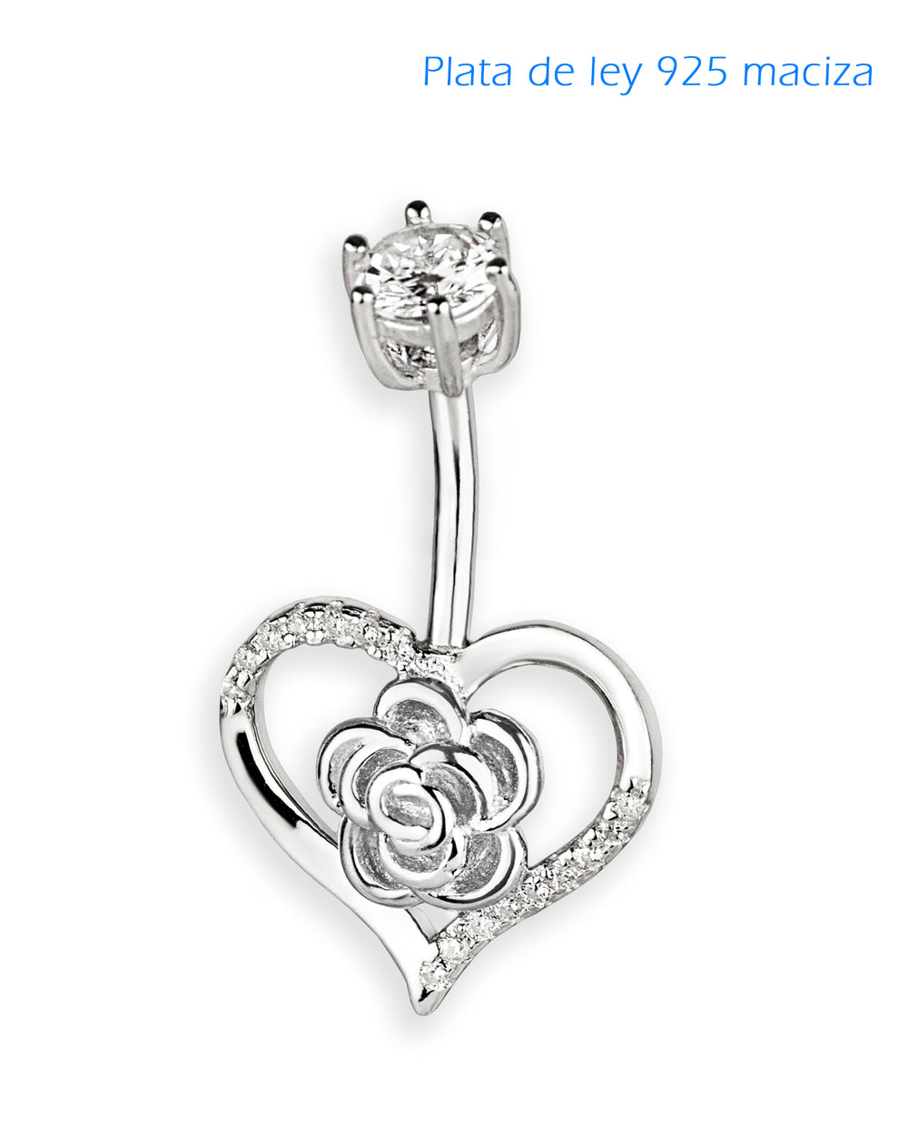 Piercing de ombligo de plata de ley 925 con corazón y rosa plateada