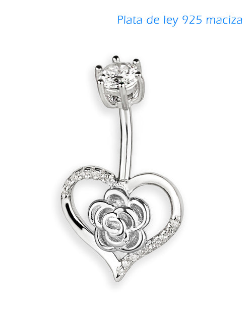 Piercing de ombligo de plata de ley 925 con corazón y rosa plateada