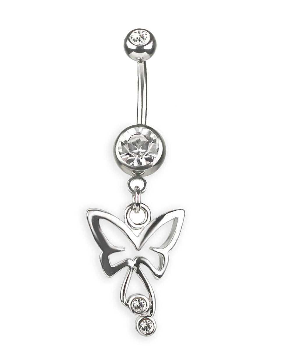 Piercing de ombligo doble joya con strass y mariposa plateada