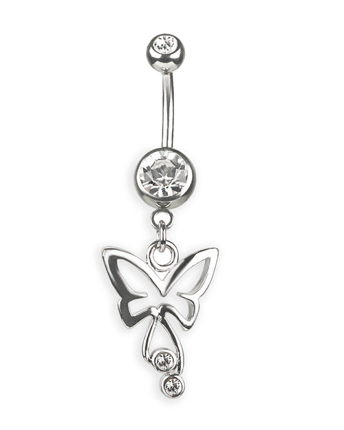 Piercing de ombligo doble joya con strass y mariposa plateada