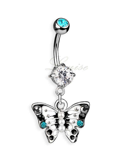 Piercing de Ombligo Doble Jeweled con Mariposa Esmaltada y Perlas