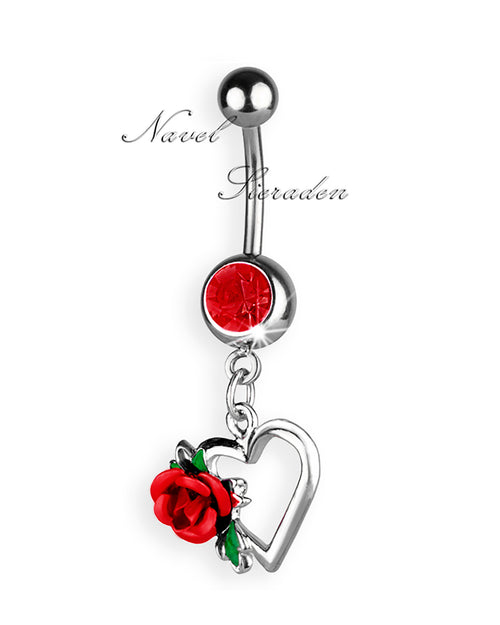 Piercing de ombligo con corazón calado y rosa roja