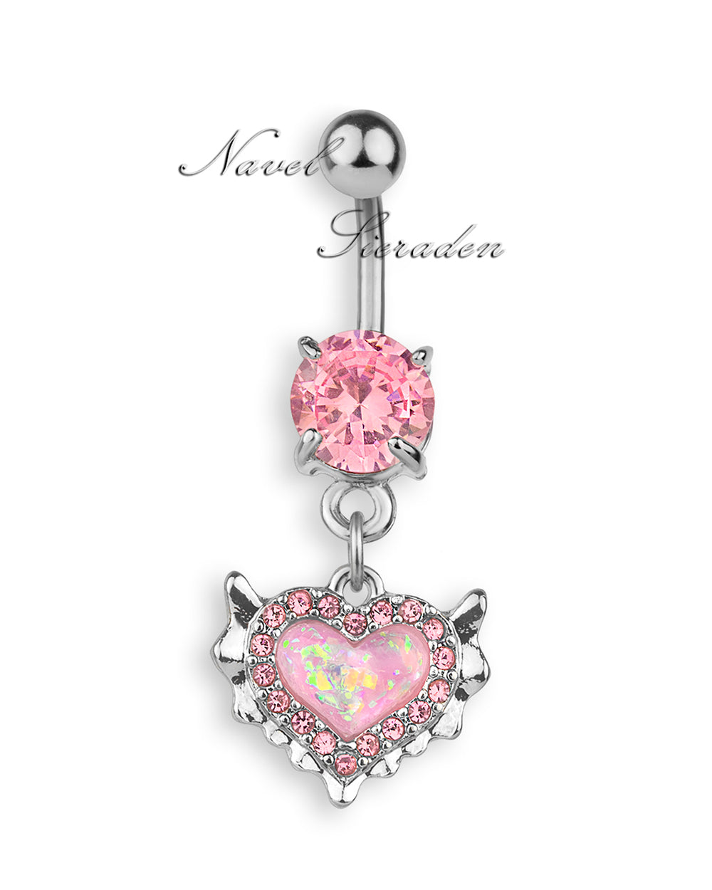 Piercing de ombligo con corazón rosa holográfico y zirconia