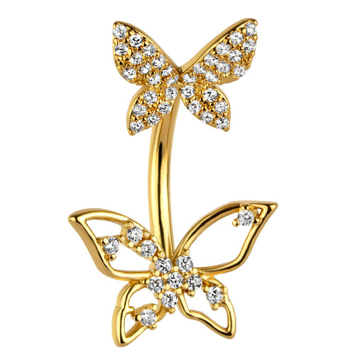 Piercing de ombligo chapado en oro con mariposas y circonitas transparentes