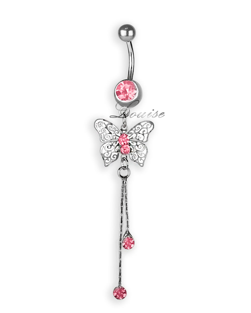 Piercing de ombligo con mariposa calada, cadenitas y zirconias rosas