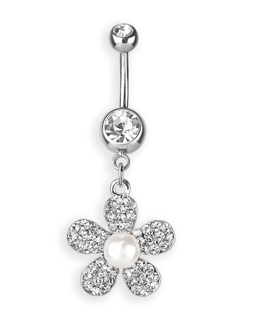 Piercing de ombligo con flor de circonitas y perla