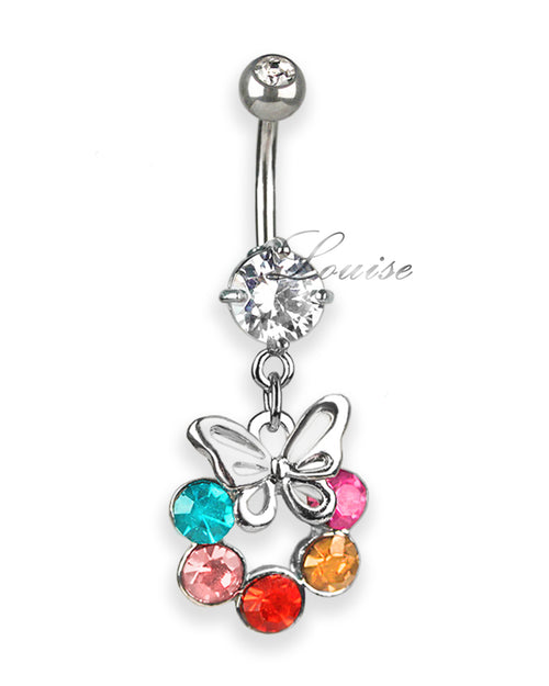 Piercing de ombligo doble jeweled con mariposa calada y zirconias de colores
