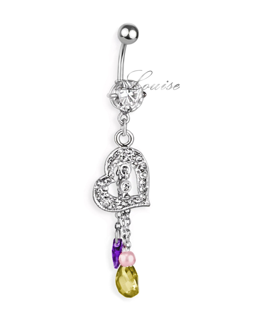 Piercing de ombligo con corazón, cadenitas y colgantes de colores
