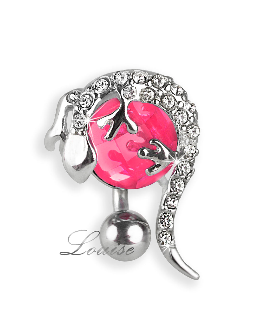 Piercing de ombligo invertido con lagartija rosa y cristales checos