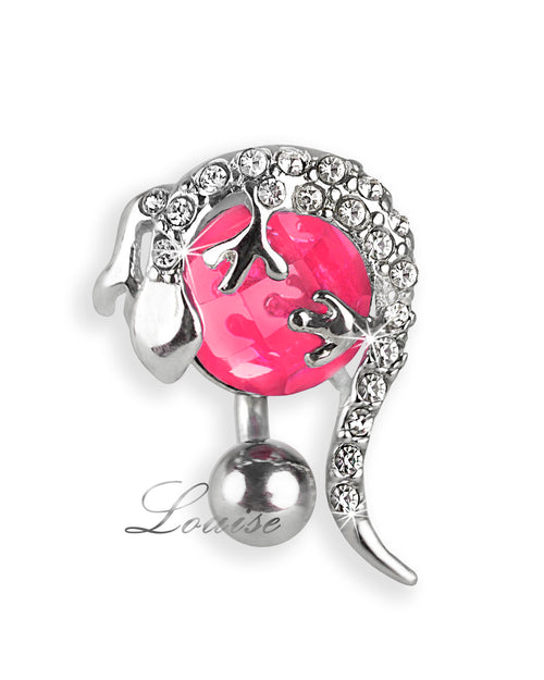 Piercing de ombligo invertido con lagartija rosa y cristales checos