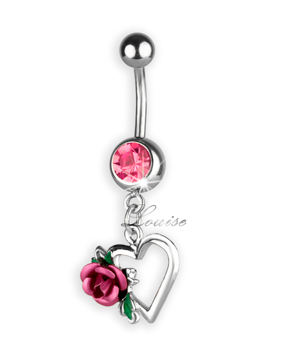 Piercing de ombligo con corazón calado y rosa rosa