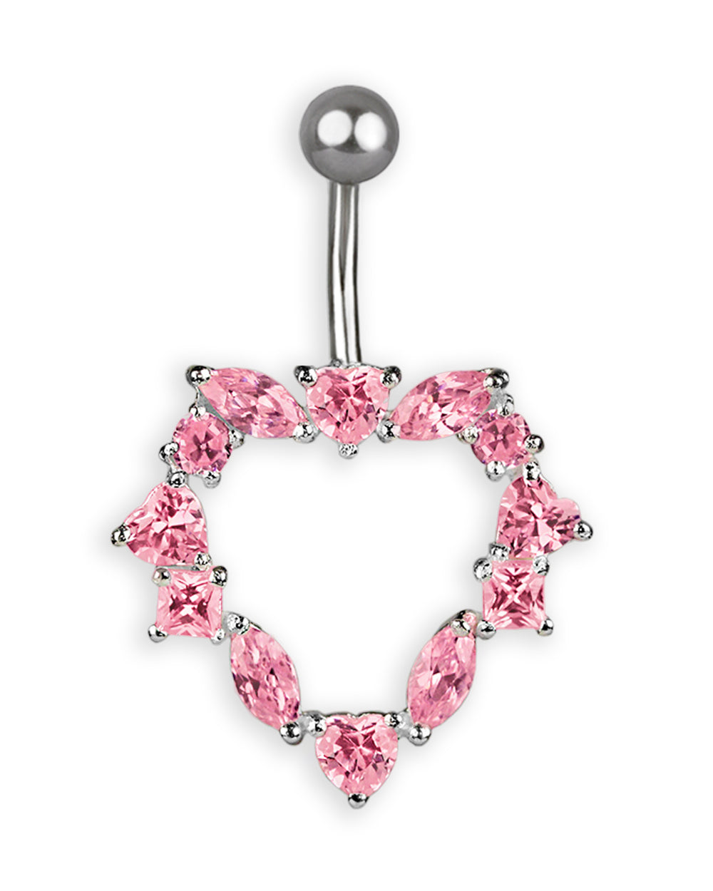 Piercing de ombligo de titanio con corazón calado de plata y circonitas rosas