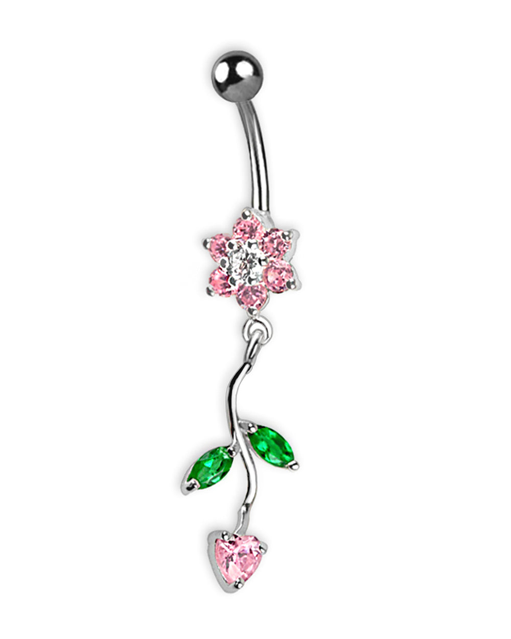 Piercing de ombligo de titanio con delicada flor de plata rosa y circonitas