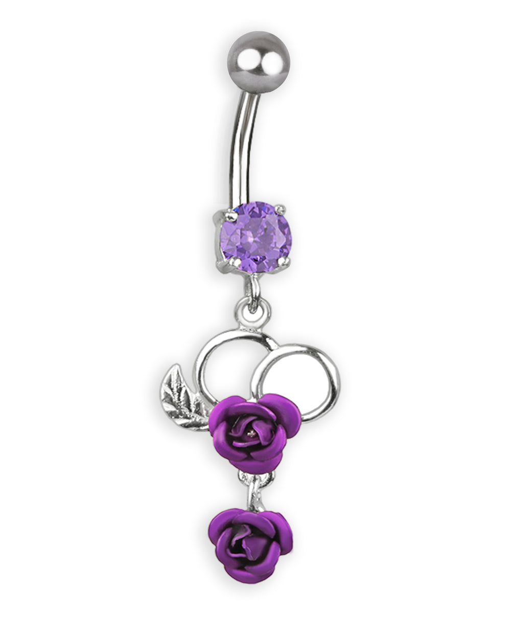 Piercing de ombligo de titanio con corazón de plata, rosas y circonita morada