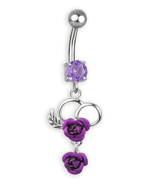 Piercing de ombligo de titanio con corazón de plata, rosas y circonita morada