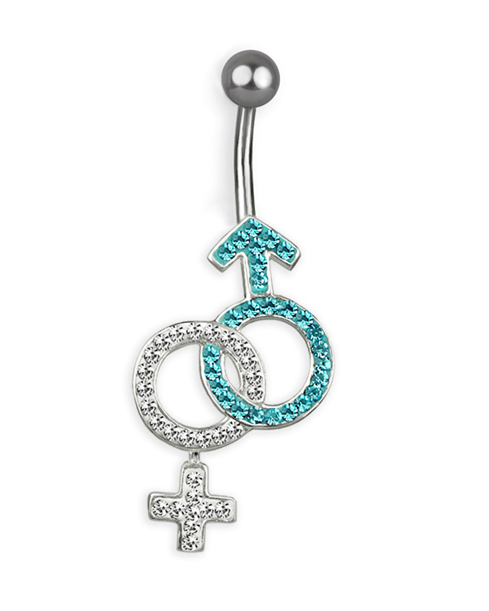Piercing de ombligo de titanio con símbolos de Venus y Marte en plata y circonitas