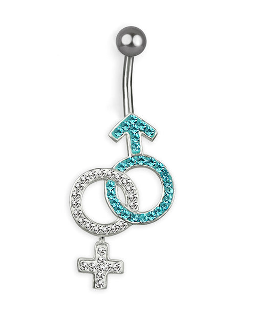 Piercing de ombligo de titanio con símbolos de Venus y Marte en plata y circonitas
