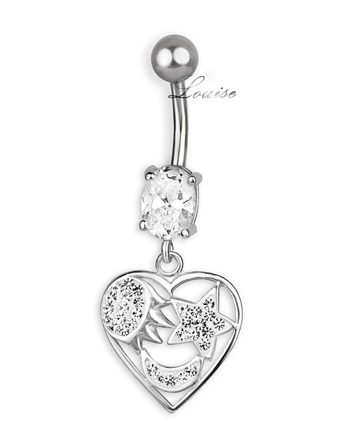 Piercing de Ombligo Titanio Corazón Plata 925 Luna Sol Estrella con Swarovski