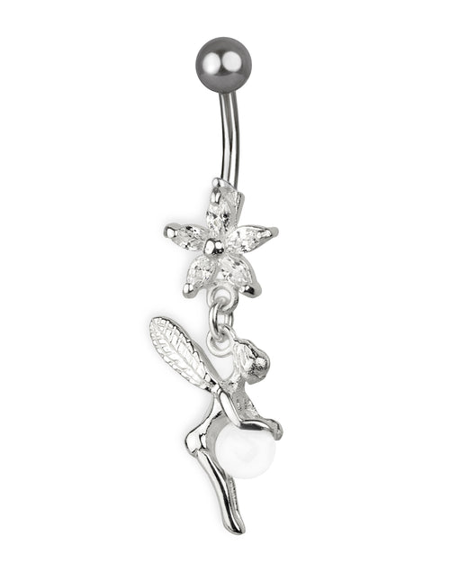 Piercing de Ombligo de Titanio con Hada de Plata y Flor de Zirconia