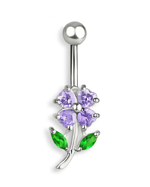 Piercing de Ombligo de Titanio con Trébol de Cuatro Hojas de Plata y Zirconias Lavanda