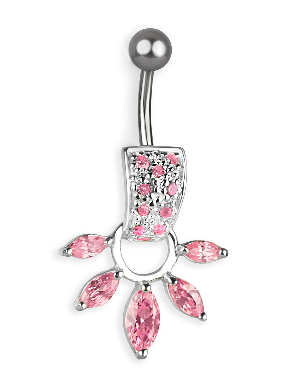 Piercing de ombligo de titanio con colgante de plata y abanico de circonitas rosas