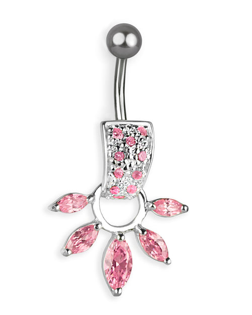 Piercing de ombligo de titanio con colgante de plata y abanico de circonitas rosas