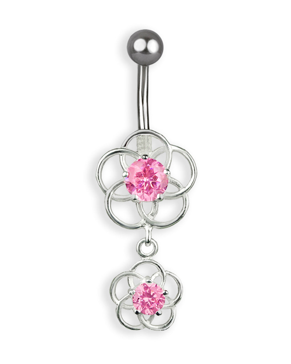Piercing de Ombligo de Titanio con Flores de Plata y Zirconias Rosas