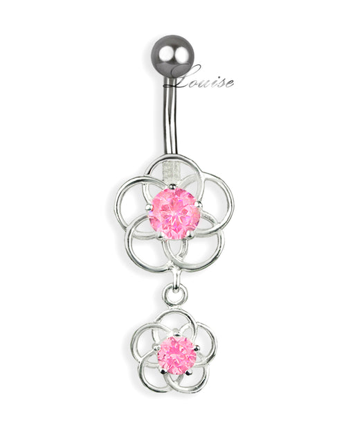 Piercing de Ombligo Titanio Dos Flores Plata 925 con Zirconias Rosa Intenso
