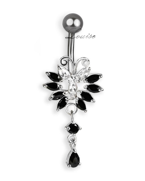 Piercing de Ombligo Titanio Mariposa Plata 925 con Zirconias Negro y Transparente