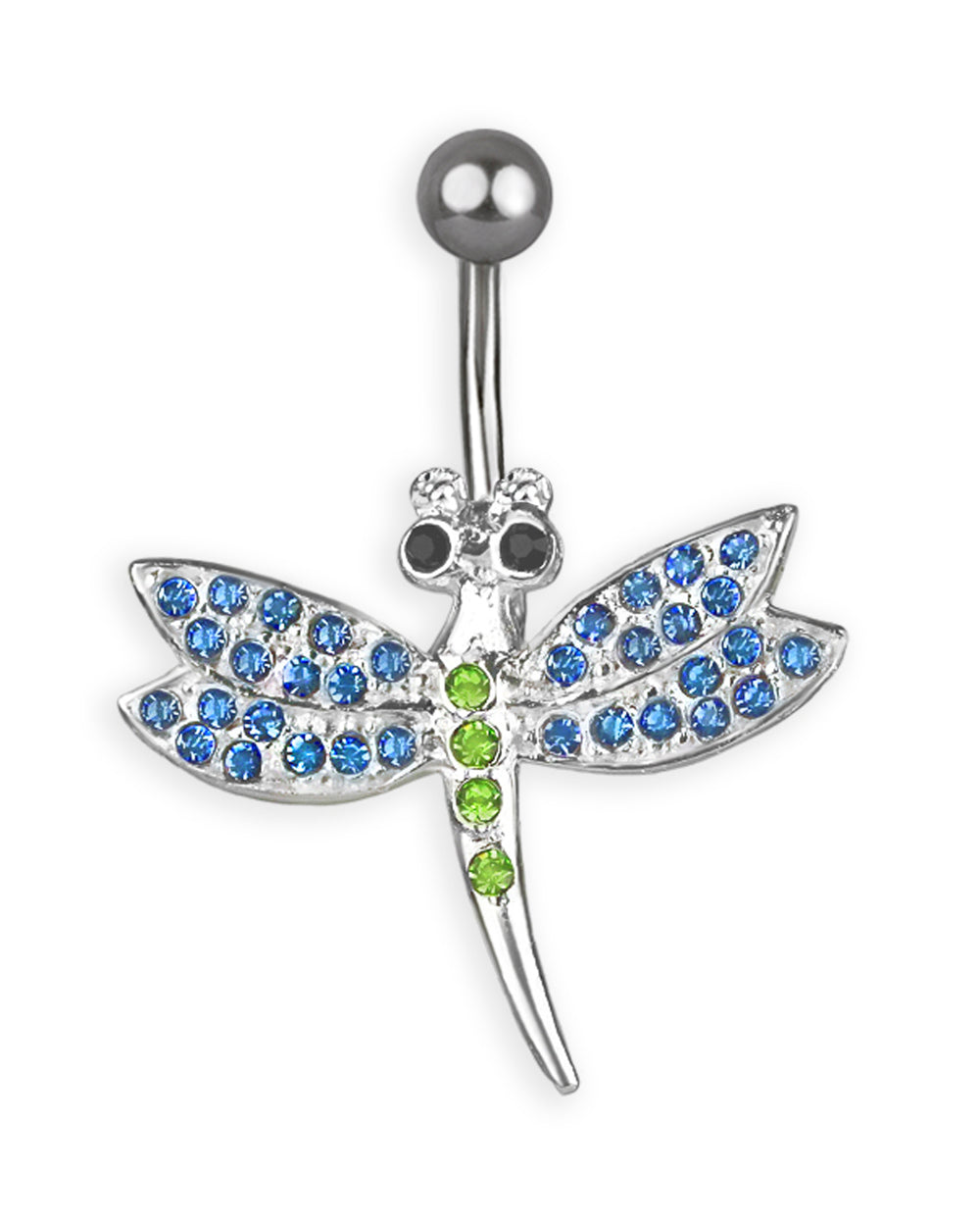 Piercing de ombligo de titanio con libélula de plata y circonitas azules y verdes
