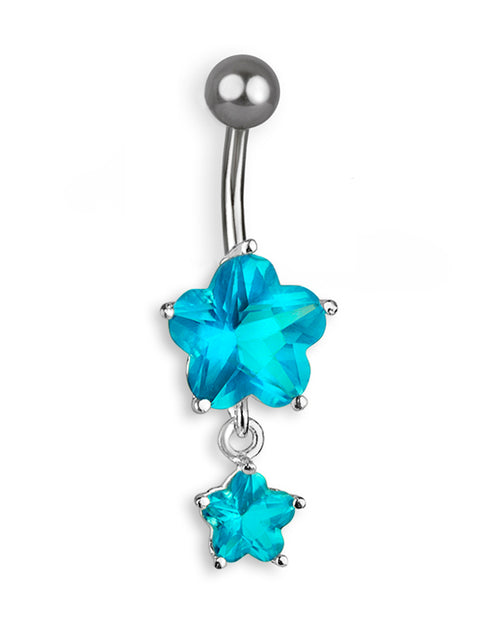 Piercing de Ombligo de Titanio con Dos Flores de Zirconias Aqua