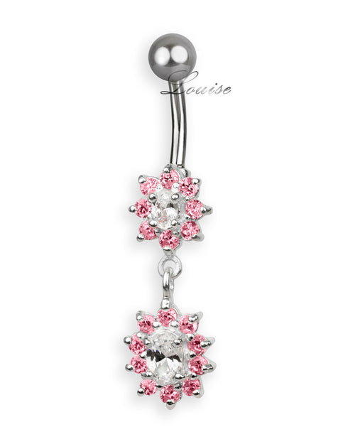 Piercing de Ombligo Titanio Dos Colgantes Plata 925 con Zirconias Rosa y Transparente