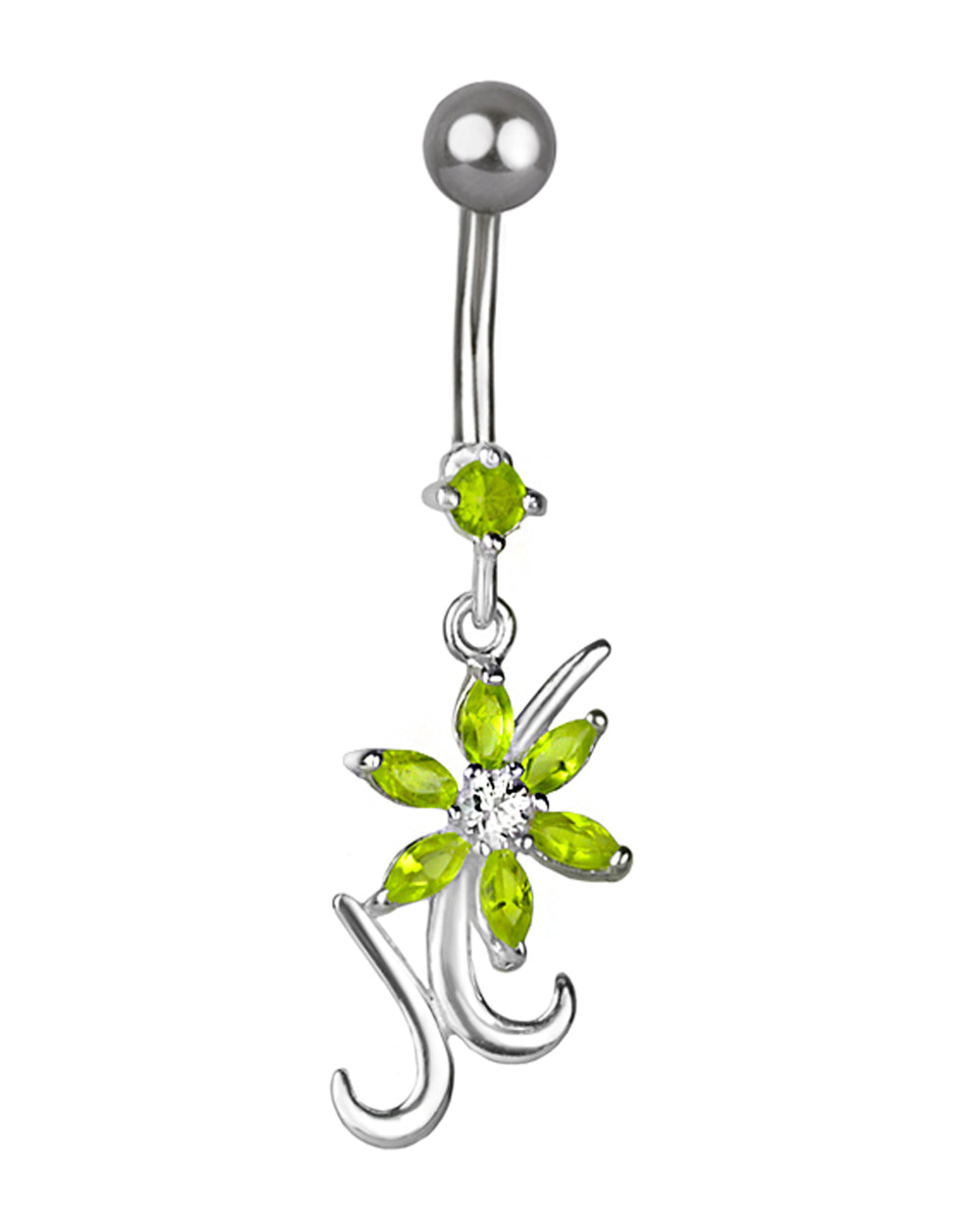 Piercing de ombligo de titanio con delicada flor de plata y circonitas verdes