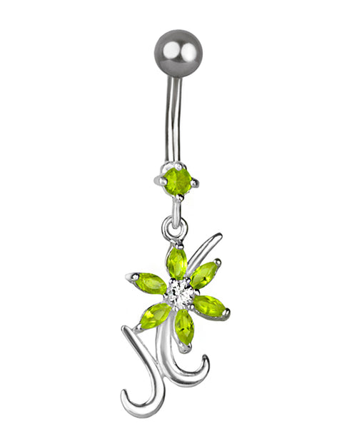 Piercing de ombligo de titanio con delicada flor de plata y circonitas verdes