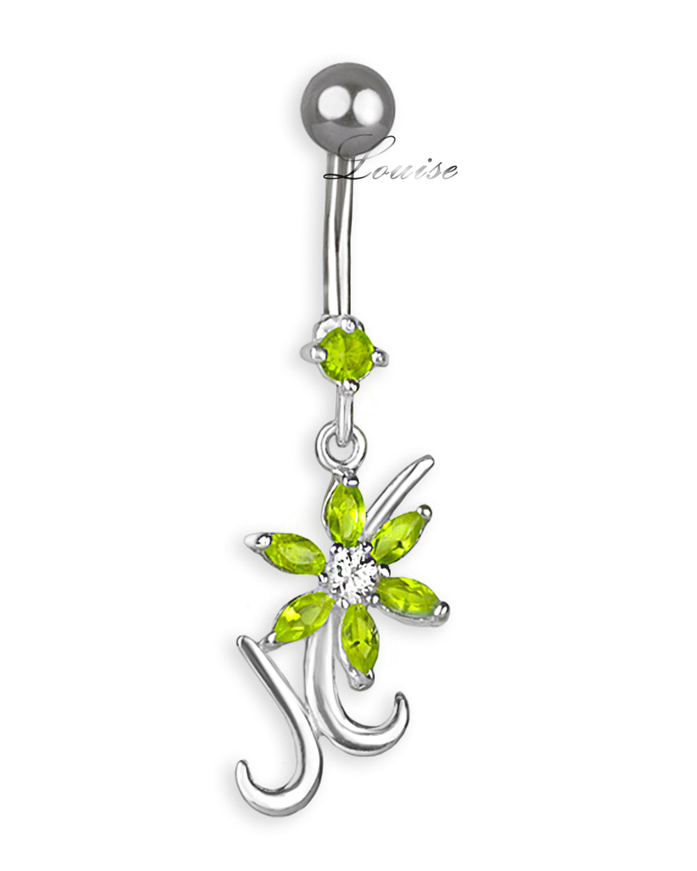 Piercing de Ombligo Titanio Flor Plata 925 con Zirconias Verde Limón
