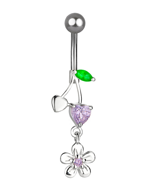 Piercing de ombligo de titanio con elegante colgante de plata, flor y circonitas
